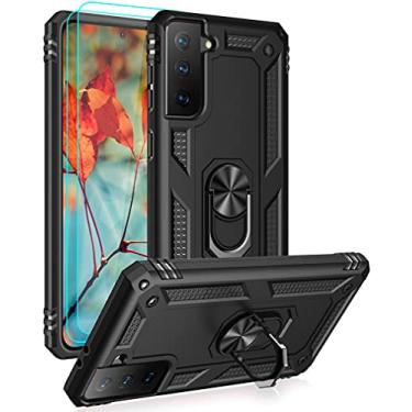Imagem de Capa para Samsung Galaxy S21 FE 5G com protetores de tela HD, suporte de anel de metal de grau militar Androgate com suporte de 4,5 m testada à prova de choque para Samsung Galaxy S21 FE preta