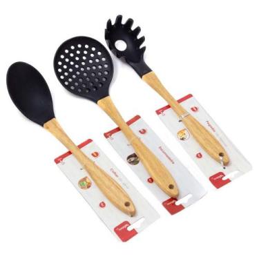 Imagem de Conjunto 3 Utensílios De Cozinha Silicone  Cabo Madeira Preto - Wellmi