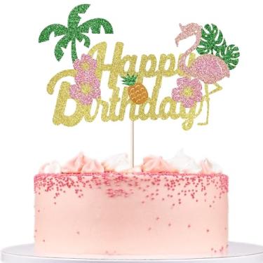 Imagem de UXYOKM 1Pc Summer Happy Birthday Cake Topper Glitter Coconut Palm Flamingo Cake Pick Baby Shower Kids Birthday Party Cake Decoration Supplies