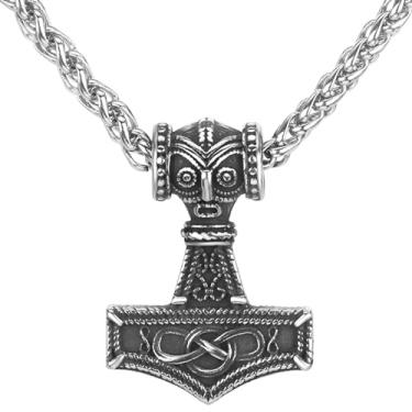 Imagem de LOBON Colar de martelo viking Thor Nordic Vegvisir Valknut pingente de aço inoxidável amuleto norueguês joia presente para homens e mulheres, Aço inoxidável, Sem Pedra Preciosa
