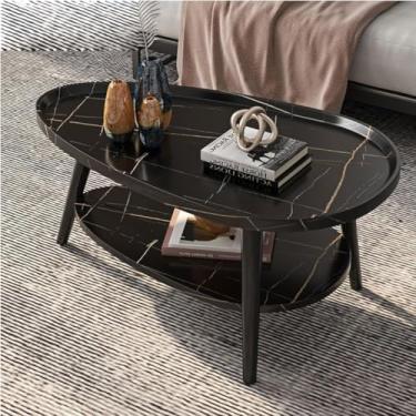Imagem de Mesa de centro oval de 2 camadas, mesa de centro moderna de meados do século, design oval espaçoso, mesa lateral de sofá de espaço pequeno, mesa de centro rústica de fazenda, preta, 100 cm