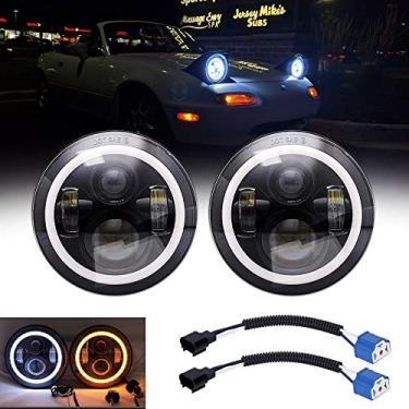 Imagem de AMUNIESUN Compatível com Mazda Miata MX5 MX-5 1990-1997 H6024 Par de luzes de farol halo Angel Eye branco DRL Âmbar Turn Light com farol alto e baixo