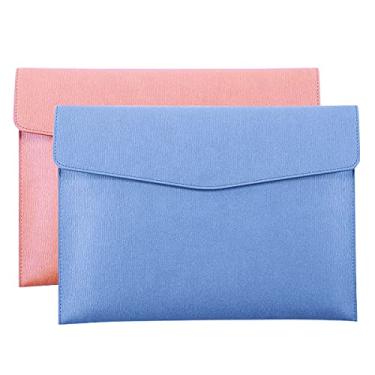 Imagem de Enyuwlcm Pasta de arquivos A4 de couro PU suporte de documentos à prova d'água portfólio envelope capa com fecho de pressão azul e rosa 2 pacotes