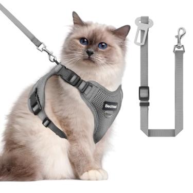 Imagem de BECHTEL Conjunto de Arnês e Coleira para Gatos à Prova de Fuga, Caminhada, Colete Macio Ajustável com Faixa Refletiva, Cinza, M