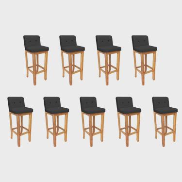 Imagem de Kit 09 Banqueta Alta Com Encosto Aila Balcão Bistrô Base Madeira Maciça Suede Preto Botão Preto - Ahz Móveis