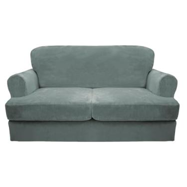 Imagem de CUCRAF T Capa de sofá de 3 peças, capa de sofá de veludo grosso macio para sala de estar, protetor de móveis lavável de alta elasticidade com 2 capas de sofás almofadadas (M, azul pedra)