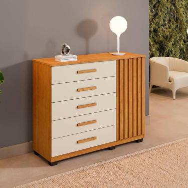 Imagem de Cômoda Paris Quarto Com 6 Gavetas E 1 Porta Ripada Cinamomo/off White