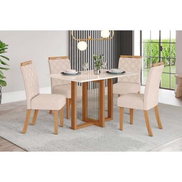 Imagem de Conjunto Mesa Sala Jantar Natalí Com Tampo Madeirado Com Vidro Reto 120x80cm E 4 Cadeiras Bella Nature Linho Henn