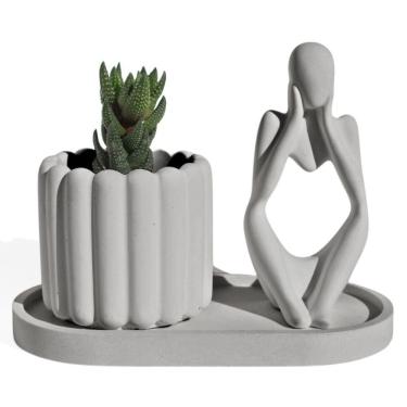 Imagem de Conjunto Decorativo 3 Peças Estátua Pensadora Vaso Tulipa E Bandeja Cinza