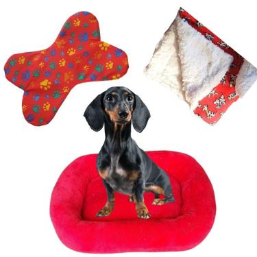 Imagem de Cama Bigata G Tecido Soft Com Comedouro E Mantinha Kit 3 Peças Vermelho