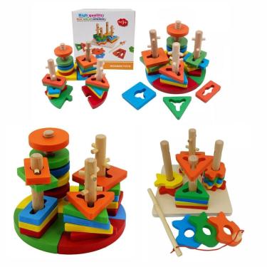 Imagem de Brinquedo Educativo Encaixe Formas Geométricas Madeira 24 Peças Modelo 01