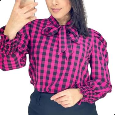Imagem de Blusa Xadrez Feminina Manga Longa Bufante Princesa Gola Laço - Look Mo