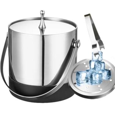 Imagem de Balde de gelo isolado de aço inoxidável de parede dupla com tampa e pinça de gelo incluídos, mantém o gelo frio e seco, bar doméstico, cerveja gelada, champanhe, garrafa de vinho (bolsa de mão de aço