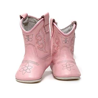 Imagem de MAMTAKON Botas de cowboy de couro verdadeiro com caixa premium personalizável com sola macia para bebês e bebês recém-nascidos, para ocasiões especiais, rosa, 0-6 Months Infant