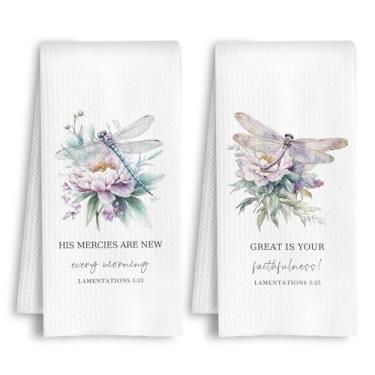 Imagem de HSIASHENG Toalhas de cozinha cristãs libélulas florais, lamentações 3:23, versículo bíblico, toalhas de chá, presentes de fé religiosa, toalha de mão decorativa para banheiro e cozinha, 40,6 x 61 cm