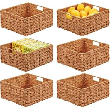 Imagem de Cestas decorativas de vime com alças, pacote com 6 cestas de vime para prateleiras de 33 x 30 x 15 cm, organizador de cesta de tecido para banheiro, armário, despensa e cestas de algas marinhas para