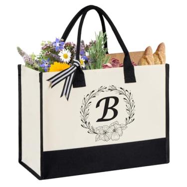 Imagem de Miokok Sacola de lona com inicial personalizada, bolsa de praia para mulheres, presente de aniversário, presente de casamento para mãe, professoras, amigas, enfermeiras, Preto, branco