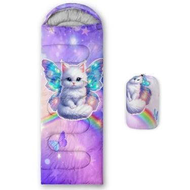 Imagem de QOOMO Sacos de dormir impermeáveis de gato borboleta para adultos e crianças, sacos de dormir estampados para acampamento, clima quente e frio, leve, viagem e ao ar livre, equipamentos de acampamento