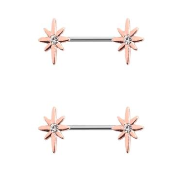 Imagem de Kokoma Anéis de mamilo de estrela 14G para mulheres, flor dupla de aço inoxidável com zircônia cúbica, anéis de língua reta, barra de barra, piercing de mamilo, joia corporal, 14 Gauge, Aço inoxidável
