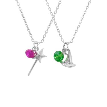 Imagem de Conjunto de colar com pingente de varinha mágica de bruxa e chapéu de feiticeiro para mulheres BFF vermelho verde cristal pingente corrente ajustável fantasia Halloween festa combinando amizade joias