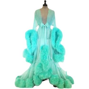Imagem de Mulheres Sexy Lllusion Longo Lingerie Robe Camisola Feather Robe Fur Trim Robe Camisola Roupão De Banho Sleepwear Feather Nupcial Robe Vestido De Noiva, J, One Size
