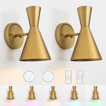 Imagem de HEQIQEH Arandelas de parede modernas ajustáveis alimentadas por bateria, conjunto de 2 com cúpula de metal rodada, 13 lâmpadas RGB de controle remoto regulável para galerias internas, corredor, quarto