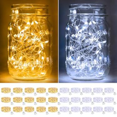 Imagem de btfarm Pacote com 30 luzes de fada operadas por bateria [3 modos], 2,1 m, 20 luzes LED cintilantes, cordão de luzes à prova d'água, pequeno fio prateado para potes de pedreiro de Natal, mesa de