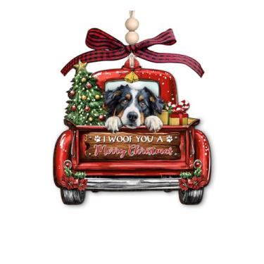 Imagem de Enfeite de Natal de madeira de pastor australiano - Decoração de Natal de caminhão vermelho com presentes de árvore de Natal e uma citação de feliz Natal - Enfeite rústico de Natal para amantes de
