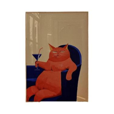 Imagem de Poster Retrô De Vinho Com Gato, Arte De Parede Moderna De Meados Do Sé