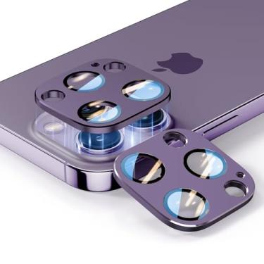 Imagem de [Pacote com 2] Protetor de lente de câmera para iPhone 14 Pro/Pro Max, vidro temperado 9H com design de cobertura plana de metal, tecnologia anti-impressão digital, fotografia HD transparente