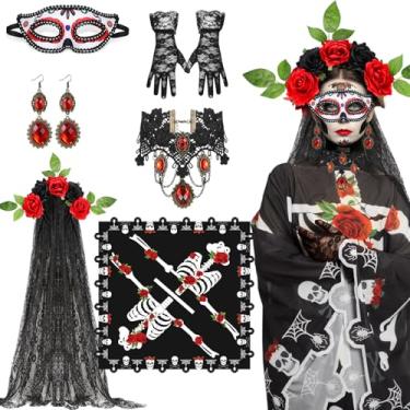 Imagem de WILLBOND Conjunto de 6 peças de acessórios Dia dos Mortos capa de esqueleto rosa faixa de cabeça de Halloween máscara de olho de vampiro conjunto de joias (vermelho e preto)