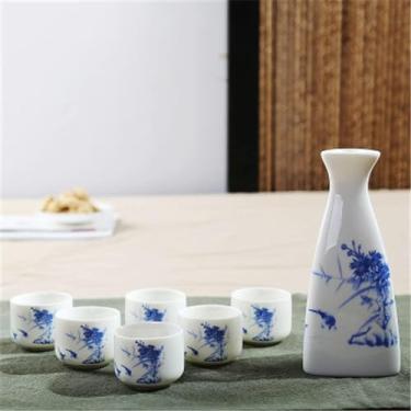 Imagem de JOEUQK Conjunto de saquê tradicional, 7 peças/conjunto de saquê de cerâmica com bandeira japonesa, copo de licor, copo de cozinha para casa, utensílios para bebidas, bebidas espirituosas vintage