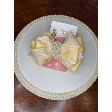 Imagem de Laço no bico de pato com pérolas amarelo - Pingo de mel baby 