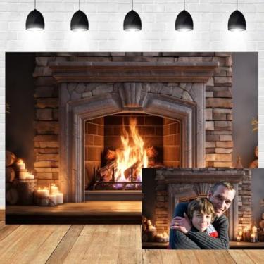 Imagem de Pano de fundo de lareira de Natal de 3 x 2,1 m para lareira de tijolo branco aceso de vela de lenha, decoração de parede, acessório para decoração de parede, feliz ano novo, inverno, feriado, cabine