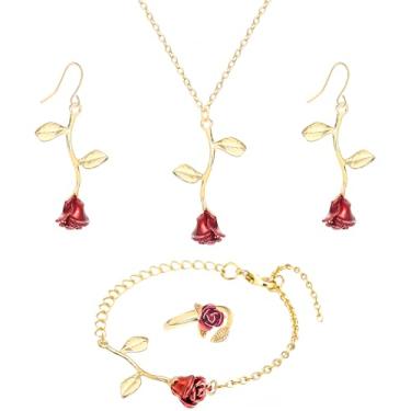 Imagem de NEWITIN Conjunto de 5 peças de joias de ouro para mulheres, colar com pingente de flor de rosa vermelha, pulseira, brincos com pingente de flor, conjunto de joias de rosa para mulheres