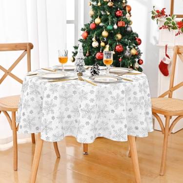 Imagem de Likiyol Toalha de mesa redonda de Natal de 152 cm, toalha de mesa de floco de neve, à prova d'água, toalha de mesa de Natal para cozinha, jantar, festa, decoração de Natal, branca