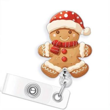 Imagem de Carretel de crachá de Natal fofo chapéu de papai noel, suporte de crachá de homem de gengibre com clipe retrátil giratório engraçado cartão de identificação de Natal clipe jacaré para equipe médica