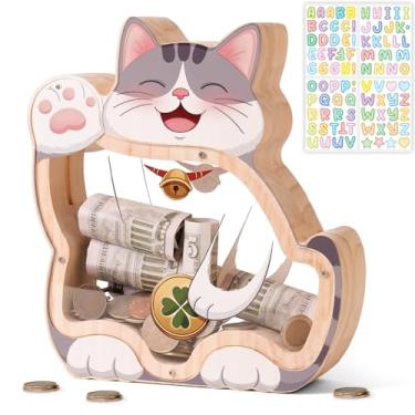 Imagem de Cofrinho de madeira para crianças, cofrinho inquebrável para crianças com adesivo de carta, caixa de dinheiro de madeira, presente de aniversário personalizado, brinquedo educativo para meninos e