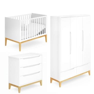 Imagem de Quarto de Bebê Retrô Amor Perfeito com Berço Americano, Cômoda 3 Gavetas e Guarda-Roupa MDF e Madeira Maciça, Pintura UV Atóxica, Sistema Anti-Refluxo e Mini Cama