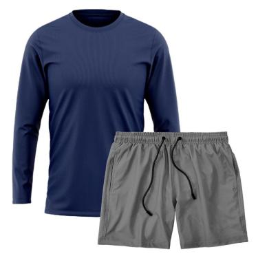 Imagem de Kit Short Praia Academia Passeio Treino Cinza + Manga Longa Masculina Segunda Pele Dry-Masculino