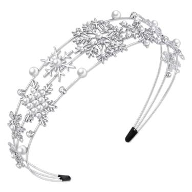 Imagem de HSWE Faixa de cabelo de cristal com coroa de floco de neve, vermelho, verde, bengala doce, pirulito, presente de festa de Natal (coroa de pérola, floco de neve)