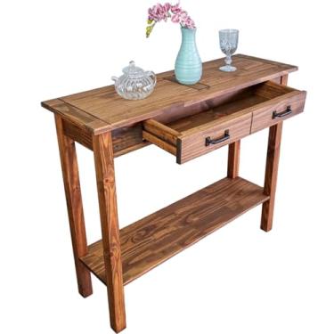 Imagem de Aparador Retrô em Madeira Pinus Estilo Vintage Cor Imbuia 100x33x85 cm com 2 Gavetas e Prateleira Acabamento Encerado (Madeira)