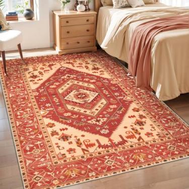 Imagem de SERISSA Tapete de área 3x5 Boho vermelho bege para quarto, tapetes de cozinha antiderrapantes laváveis, tapete de entrada tribal envelhecido com estampa ultra macia, tapete para quarto de bebê, sala
