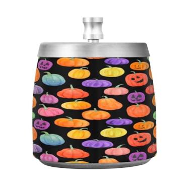 Imagem de Qilmy Cinzeiro de aço inoxidável padrão de Halloween com tampa - Cinzeiro de cigarro à prova de vento sem cheiro sem fumaça para casa, escritório, carro, pátio, varanda (uso interno e externo)
