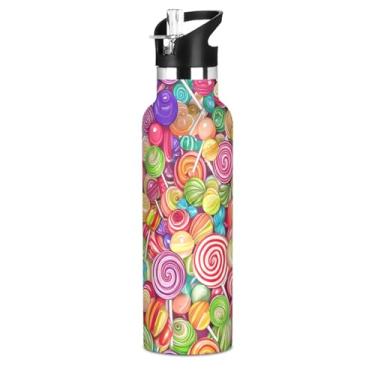 Imagem de Garrafas de água escolares isoladas para meninas, doces coloridos, desenho pirulito, 590 ml, à prova de vazamento, garrafas de água sem BPA, copos de aço inoxidável para viagem com tampa de canudo