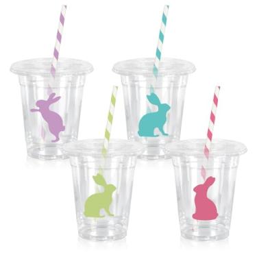 Imagem de JarThenaAMCS 50 peças de copos de plástico de Páscoa com tampas, canudos, copos descartáveis de 350 ml, roxo, azul, verde, rosa, coelho, coelho, para festa de primavera e páscoa