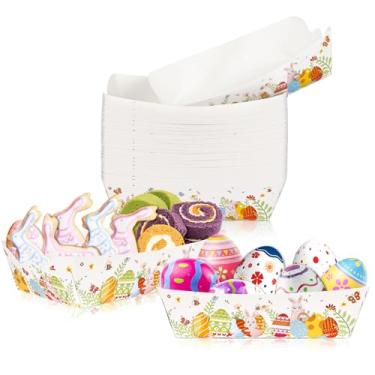Imagem de Yunamudo Bandejas de comida de papel de Páscoa sem montagem, descartáveis, 50 peças, 90 kg, pratos de papel de ovo de coelho, recipiente para lanches, lanches, barco, servindo para primavera
