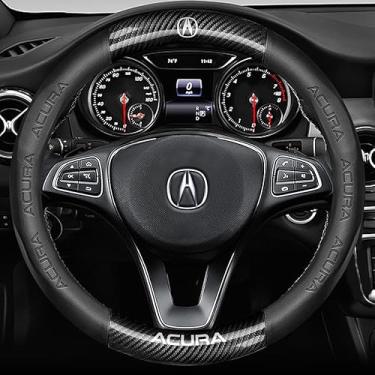 Imagem de Capa de volante compatível com Acura, couro napa premium e textura de fibra de carbono brilhante capa de volante com 2 porta-copos e cabo USB de carregamento rápido (preto)
