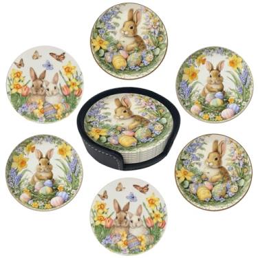 Imagem de sunwarshile Porta-copos para bebidas com suporte de porta-copos redondos de couro, conjunto de 6 xícaras, canecas, tapete para bar de cozinha em casa (coelhinho da Páscoa)