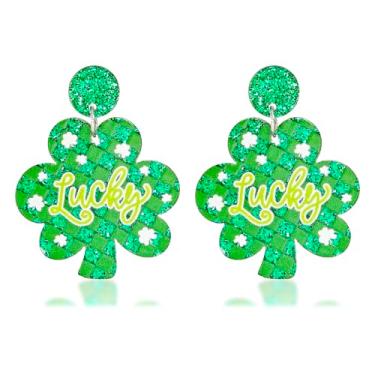 Imagem de Brincos femininos de trevo de acrílico para dia de São Patrício, trevo da sorte, brilhante, joia de São Patrício, Zinco, Sem pedra preciosa